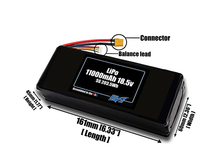 Size reference photo of the 11000mAh 18.5V LiPo pack showing 161 mm by 60 mm by 45 mm dimensions ideal for drones or large robotic systems where space matters.