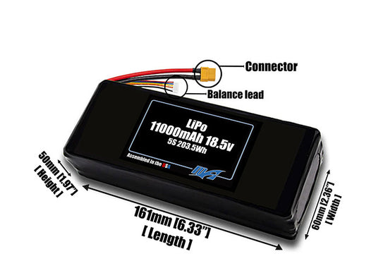 Size reference photo of the 11000mAh 18.5V LiPo pack showing 161 mm by 60 mm by 50 mm dimensions ideal for drones or large robotic systems where space matters.