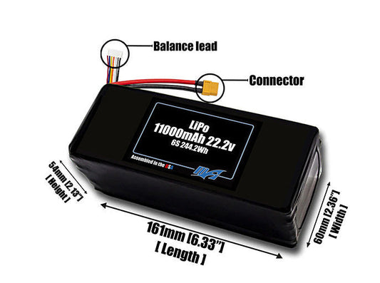 Size reference photo of the 11000mAh 22.2V LiPo pack showing 161 mm by 60 mm by 54 mm dimensions ideal for drones or large robotic systems where space matters.