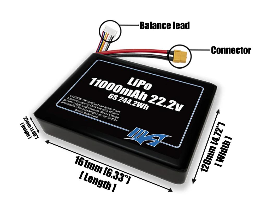Size reference photo of the 11000mAh 22.2V LiPo side by side pack showing 161 mm by 60 mm by 27 mm dimensions ideal for drones or large robotic systems where space matters.