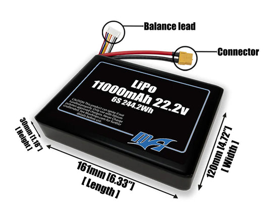 Size reference photo of the 11000mAh 22.2V LiPo side by side pack showing 161 mm by 60 mm by 30 mm dimensions ideal for drones or large robotic systems where space matters.