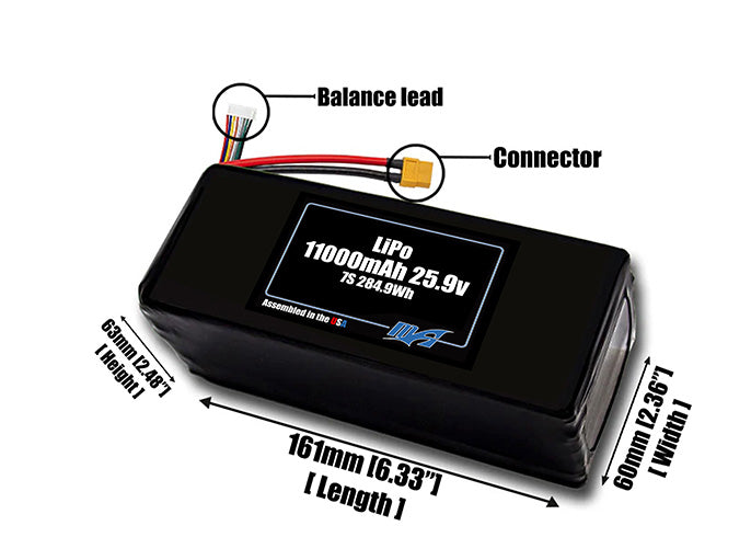Size reference photo of the 11000mAh 25.9V LiPo pack showing 161 mm by 60 mm by 63 mm dimensions ideal for drones or large robotic systems where space matters.