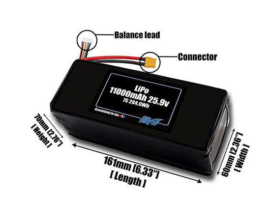 Size reference photo of the 11000mAh 25.9V LiPo pack showing 161 mm by 60 mm by 70 mm dimensions ideal for drones or large robotic systems where space matters.