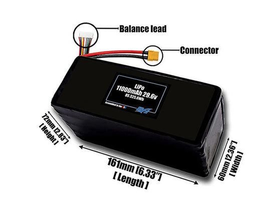 Size reference photo of the 11000mAh 29.6V LiPo pack showing 161 mm by 60 mm by 72 mm dimensions ideal for drones or large robotic systems where space matters.