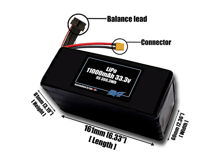 Size reference photo of the 11000mAh 33.3V LiPo pack showing 161 mm by 60 mm by 81 mm dimensions ideal for drones or large robotic systems where space matters.