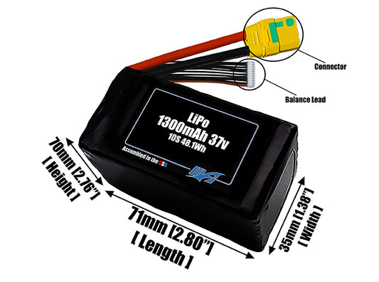 Size reference photo of the 1300mAh 37V LiPo pack showing 70 mm by 35 mm by 80 mm dimensions ideal for drones or small robotic systems where space matters.
