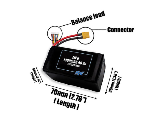 Size reference photo of the 1300mAh 40.7V LiPo pack showing 70 mm by 35 mm by 88 mm dimensions ideal for drones or small robotic systems where space matters.