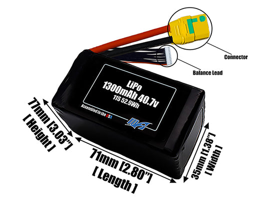 Size reference photo of the 1300mAh 40.7V LiPo pack showing 70 mm by 35 mm by 88 mm dimensions ideal for drones or small robotic systems where space matters.