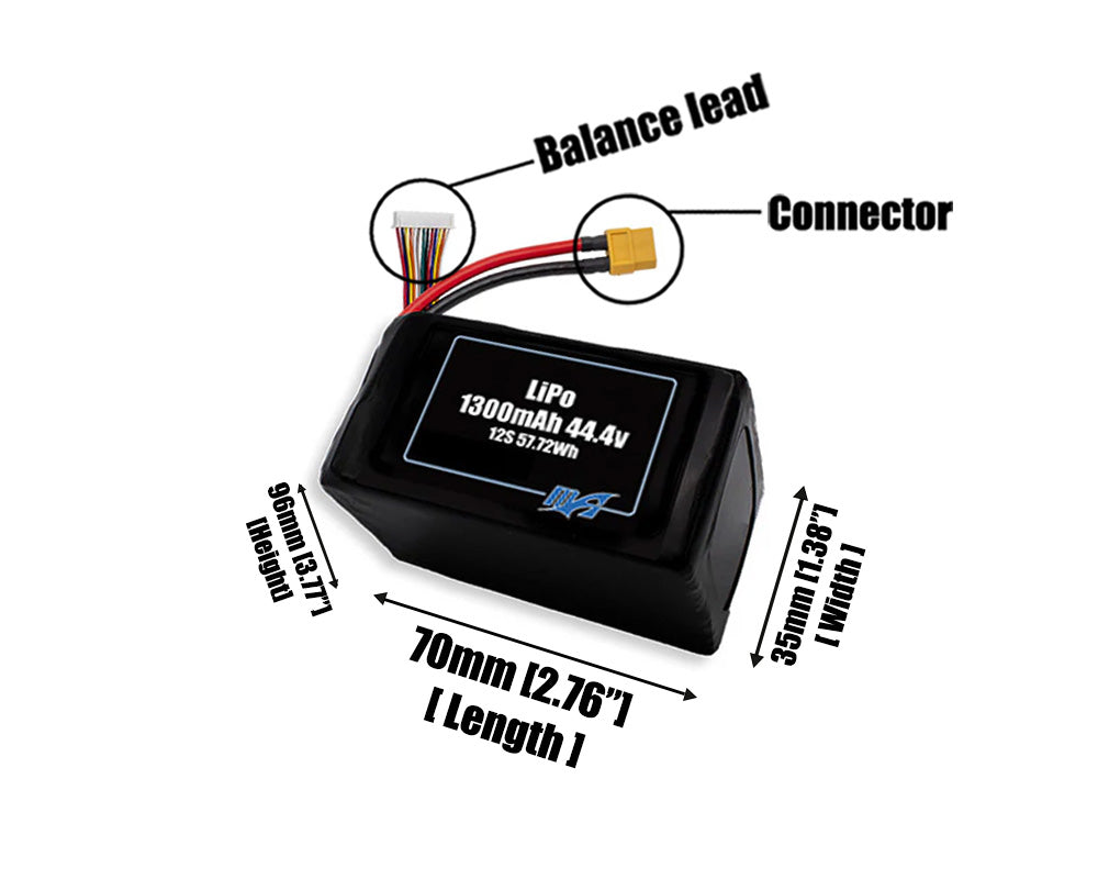 Size reference photo of the 1300mAh 44.4V LiPo pack showing 70 mm by 35 mm by 96 mm dimensions ideal for drones or small robotic systems where space matters.