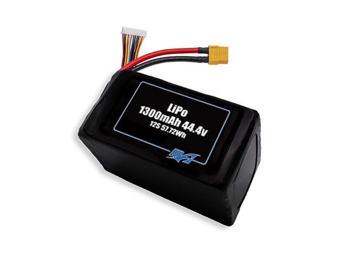 Compact 44.4-volt 1300mAh lithium-polymer battery, built for lightweight drone, UAV, and robotics projects.