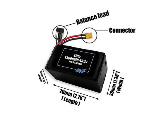 Size reference photo of the 1300mAh 48.1V LiPo pack showing 70 mm by 35 mm by 104 mm dimensions ideal for drones or small robotic systems where space matters.