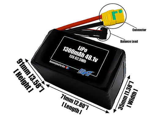 Size reference photo of the 1300mAh 48.1V LiPo pack showing 70 mm by 35 mm by 104 mm dimensions ideal for drones or small robotic systems where space matters.