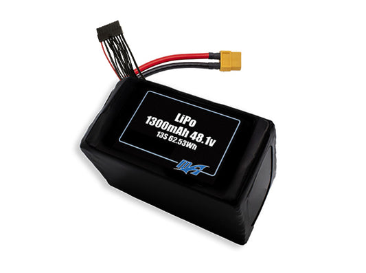Compact 48.1-volt 1300mAh lithium-polymer battery, built for lightweight drone, UAV, and robotics projects.
