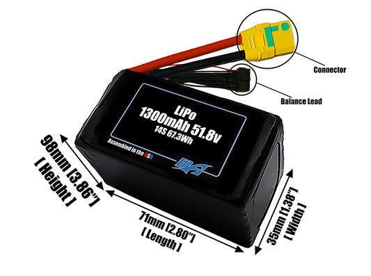 Size reference photo of the 1300mAh 51.8V LiPo pack showing 70 mm by 35 mm by 112 mm dimensions ideal for drones or small robotic systems where space matters.
