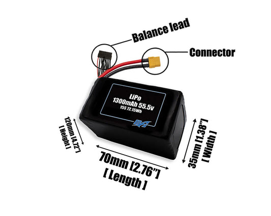 Size reference photo of the 1300mAh 55.5V LiPo pack showing 70 mm by 35 mm by 120 mm dimensions ideal for drones or small robotic systems where space matters.