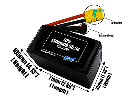 Size reference photo of the 1300mAh 55.5V LiPo pack showing 70 mm by 35 mm by 120 mm dimensions ideal for drones or small robotic systems where space matters.