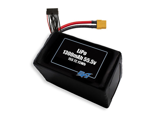 Compact 55.5-volt 1300mAh lithium-polymer battery, built for lightweight drone, UAV, and robotics projects.