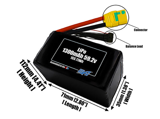 Size reference photo of the 1300mAh 59.2V LiPo pack showing 70 mm by 35 mm by 128 mm dimensions ideal for drones or small robotic systems where space matters.