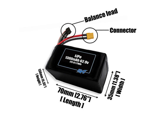Size reference photo of the 1300mAh 62.9V LiPo pack showing 70 mm by 35 mm by 136 mm dimensions ideal for drones or small robotic systems where space matters.
