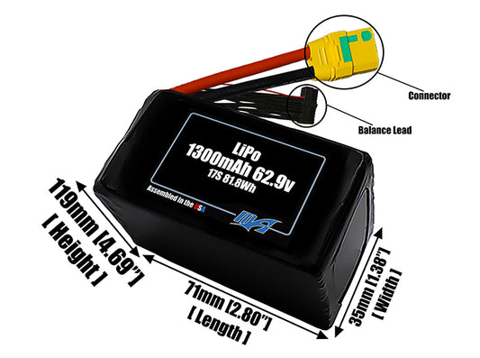 Size reference photo of the 1300mAh 62.9V LiPo pack showing 70 mm by 35 mm by 136 mm dimensions ideal for drones or small robotic systems where space matters.