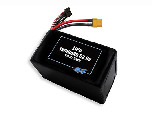 Compact 62.9-volt 1300mAh lithium-polymer battery, built for lightweight drone, UAV, and robotics projects.