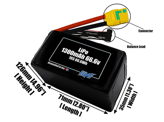 Size reference photo of the 1300mAh 66.6V LiPo pack showing 70 mm by 35 mm by 144 mm dimensions ideal for drones or small robotic systems where space matters.