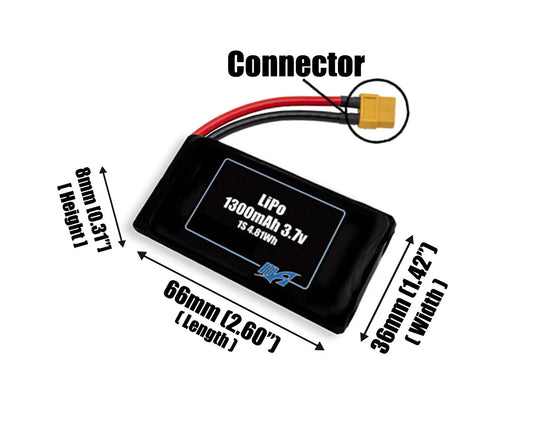 Size reference photo of the 1300mAh 3.7V LiPo pack showing 66 mm by 36 mm by 8 mm dimensions ideal for drones or small robotic systems where space matters.