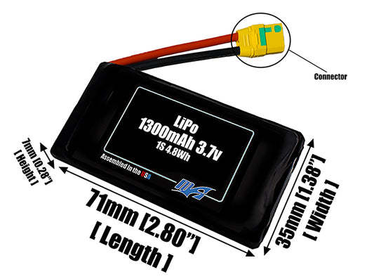 Size reference photo of the 1300mAh 3.7V LiPo pack showing 66 mm by 36 mm by 8 mm dimensions ideal for drones or small robotic systems where space matters.
