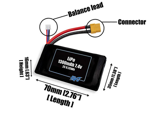 Size reference photo of the 1300mAh 7.4V LiPo pack showing 70 mm by 35 mm by 16 mm dimensions ideal for drones or small robotic systems where space matters.