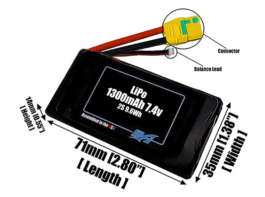 Size reference photo of the 1300mAh 7.4V LiPo pack showing 70 mm by 35 mm by 16 mm dimensions ideal for drones or small robotic systems where space matters.