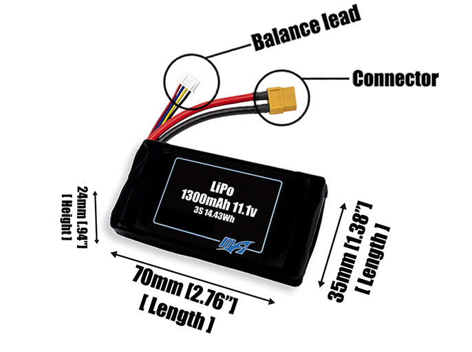 Size reference photo of the 1300mAh 11.1V LiPo pack showing 70 mm by 35 mm by 24 mm dimensions ideal for drones or small robotic systems where space matters.
