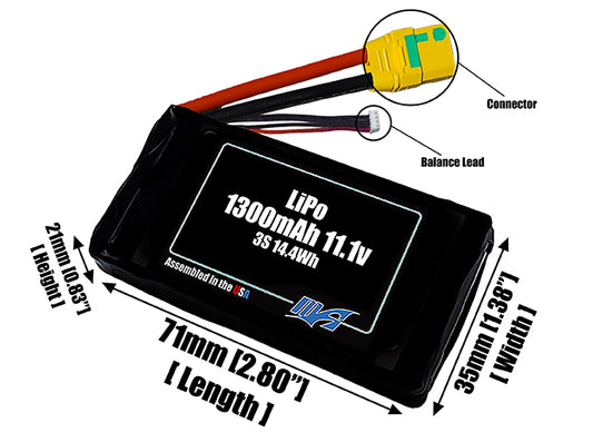 Size reference photo of the 1300mAh 11.1V LiPo pack showing 70 mm by 35 mm by 24 mm dimensions ideal for drones or small robotic systems where space matters.