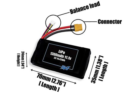 Size reference photo of the 1300mAh 11.1V LiPo pack showing 70 mm by 35 mm by 24 mm dimensions ideal for drones or small robotic systems where space matters.