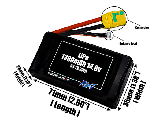 Size reference photo of the 1300mAh 14.8V LiPo pack showing 70 mm by 35 mm by 32 mm dimensions ideal for drones or small robotic systems where space matters.