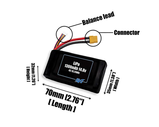 Size reference photo of the 1300mAh 14.8V LiPo pack showing 70 mm by 35 mm by 32 mm dimensions ideal for drones or small robotic systems where space matters.