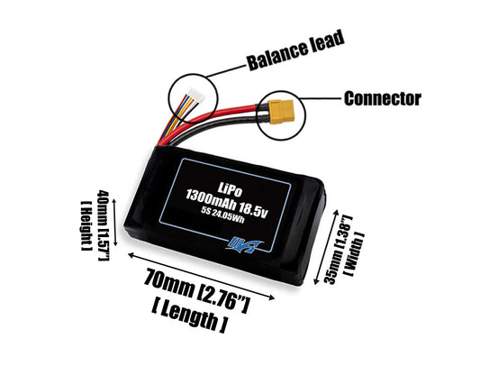 Size reference photo of the 1300mAh 18.5V LiPo pack showing 70 mm by 35 mm by 40 mm dimensions ideal for drones or small robotic systems where space matters.