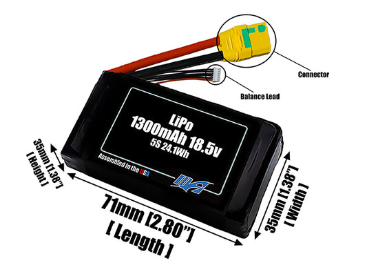 Size reference photo of the 1300mAh 18.5V LiPo pack showing 70 mm by 35 mm by 40 mm dimensions ideal for drones or small robotic systems where space matters.