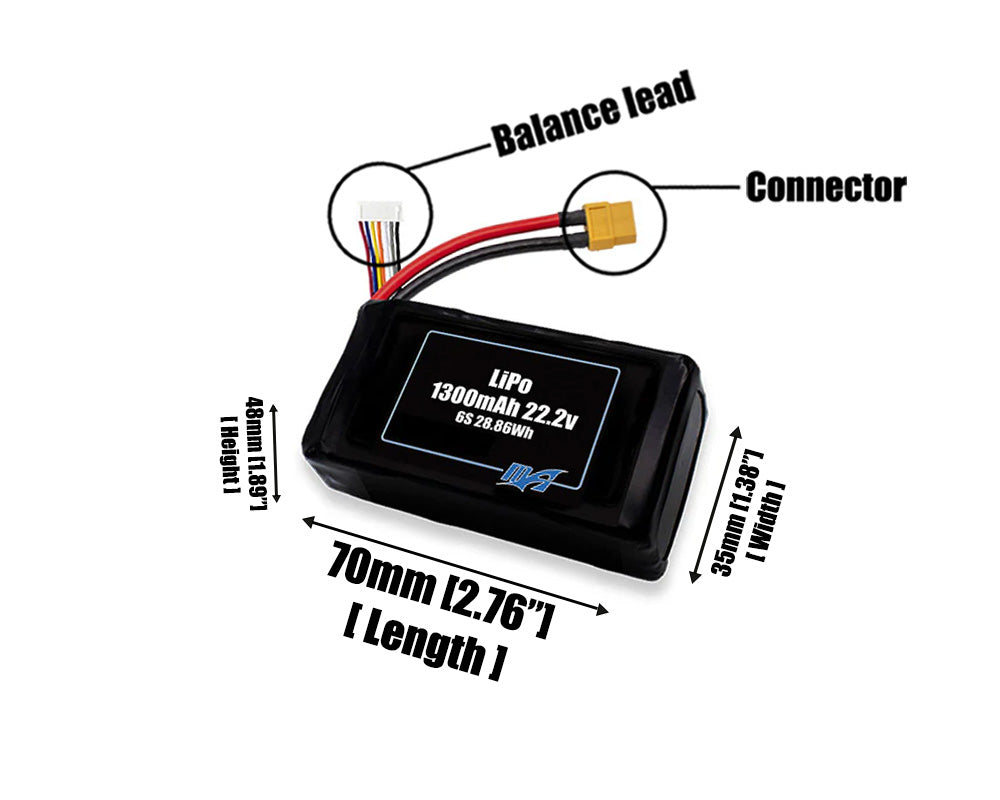 Size reference photo of the 1300mAh 22.2V LiPo pack showing 70 mm by 35 mm by 48 mm dimensions ideal for drones or small robotic systems where space matters.