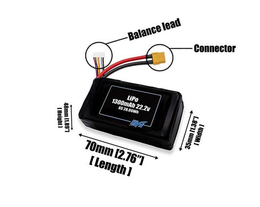 Size reference photo of the 1300mAh 22.2V LiPo pack showing 70 mm by 35 mm by 48 mm dimensions ideal for drones or small robotic systems where space matters.