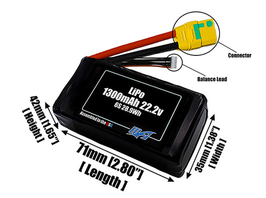 Size reference photo of the 1300mAh 22.2V LiPo pack showing 70 mm by 35 mm by 48 mm dimensions ideal for drones or small robotic systems where space matters.