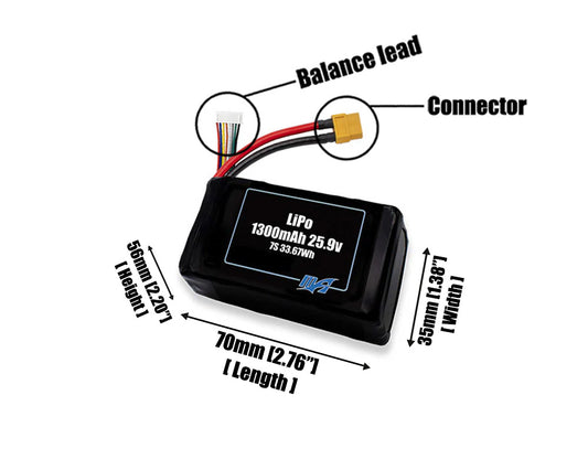 Size reference photo of the 1300mAh 25.9V LiPo pack showing 70 mm by 35 mm by 56 mm dimensions ideal for drones or small robotic systems where space matters.