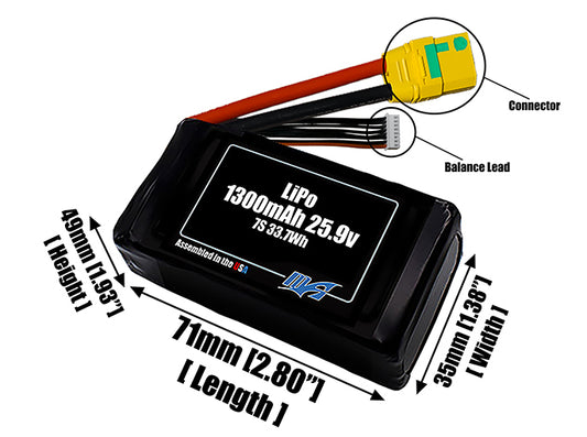 Size reference photo of the 1300mAh 25.9V LiPo pack showing 70 mm by 35 mm by 56 mm dimensions ideal for drones or small robotic systems where space matters.