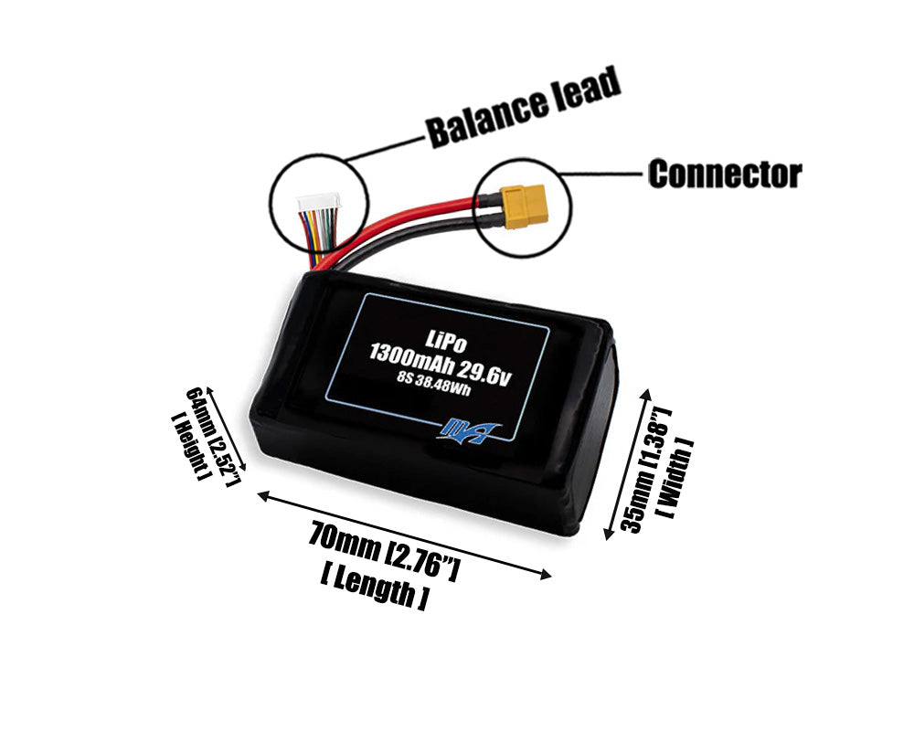 Size reference photo of the 1300mAh 29.6V LiPo pack showing 70 mm by 35 mm by 64 mm dimensions ideal for drones or small robotic systems where space matters.