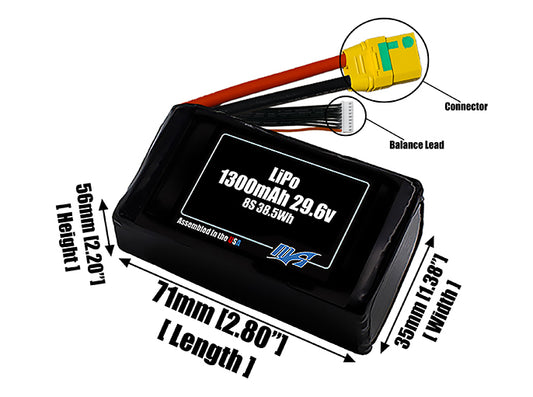 Size reference photo of the 1300mAh 29.6V LiPo pack showing 70 mm by 35 mm by 64 mm dimensions ideal for drones or small robotic systems where space matters.