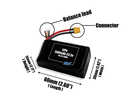 Size reference photo of the 1300mAh 33.3V LiPo pack showing 66 mm by 36 mm by 55 mm dimensions ideal for drones or small robotic systems where space matters.