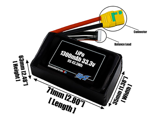 Size reference photo of the 1300mAh 33.3V LiPo pack showing 66 mm by 36 mm by 55 mm dimensions ideal for drones or small robotic systems where space matters.