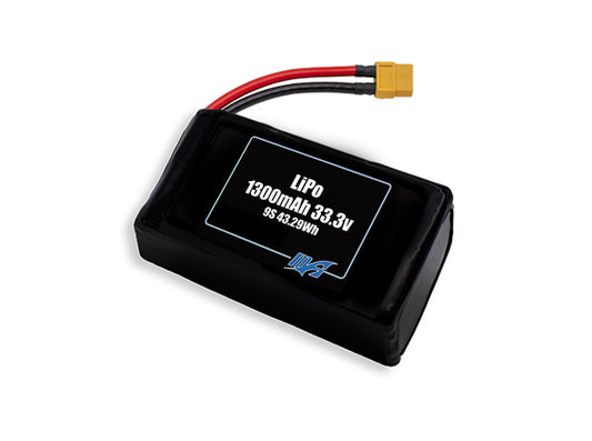 Compact 33.3-volt 1300mAh lithium-polymer battery, built for lightweight drone, UAV, and robotics projects.