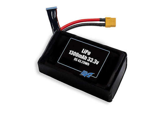 Compact 33.3-volt 1300mAh lithium-polymer battery, built for lightweight drone, UAV, and robotics projects.