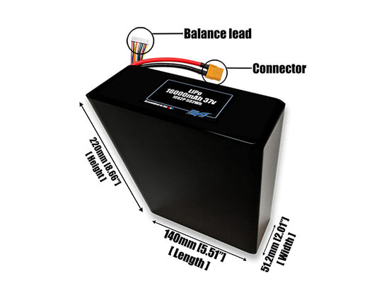 Size reference photo of the 16000mAh 37V LiPo pack showing 140 mm by 51.2 mm by 220 mm dimensions ideal for drones or large robotic systems where space matters.