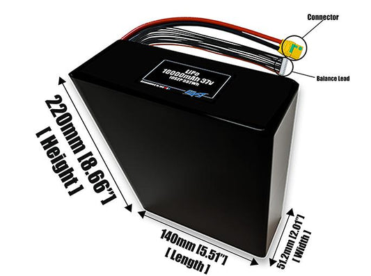 Size reference photo of the 16000mAh 37V LiPo pack showing 140 mm by 51.2 mm by 220 mm dimensions ideal for drones or large robotic systems where space matters.
